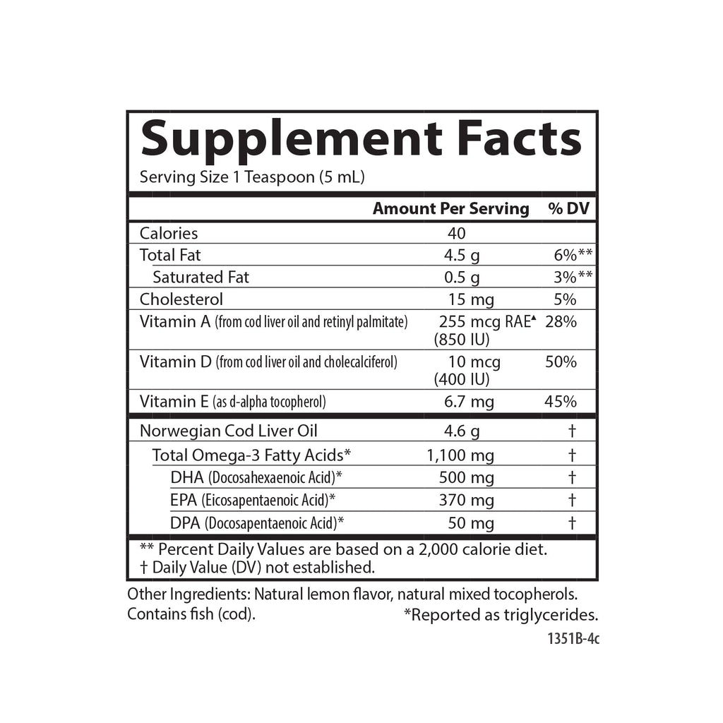 Cod Liver Oil - 1,100 mg Omega-3s + Vitamins A & D3, 250 mL