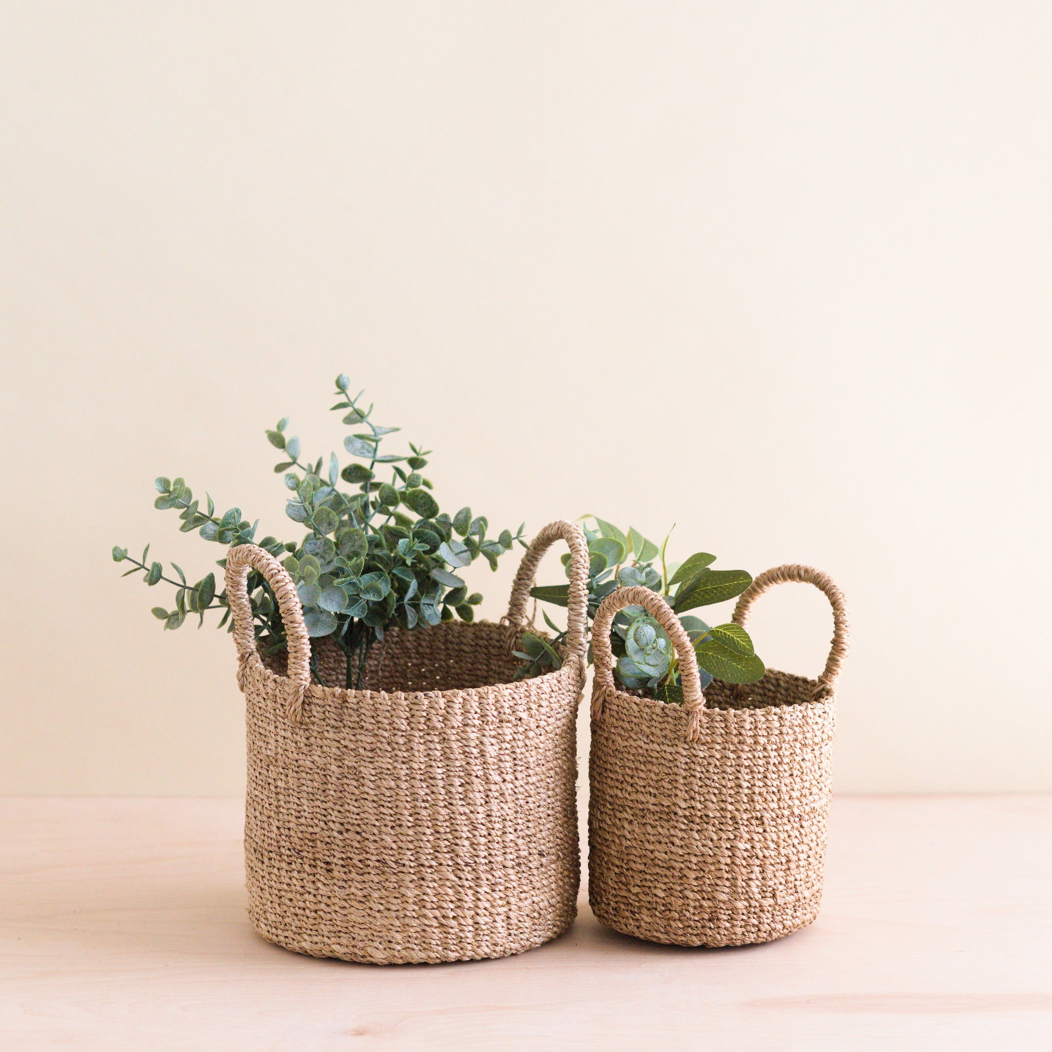Abaca Cylinder Tabletop Basket with Handles, Set of 2