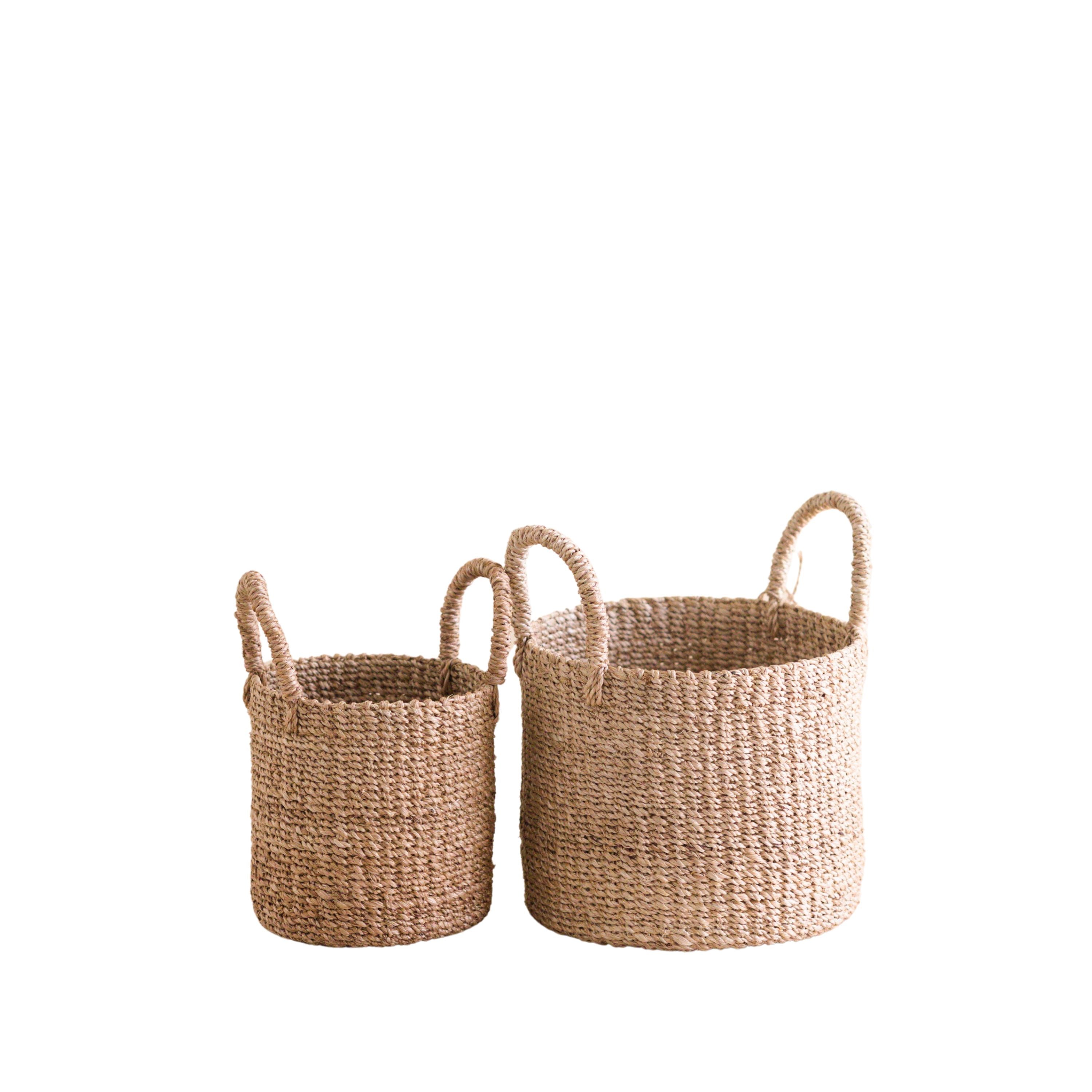 Abaca Cylinder Tabletop Basket with Handles, Set of 2