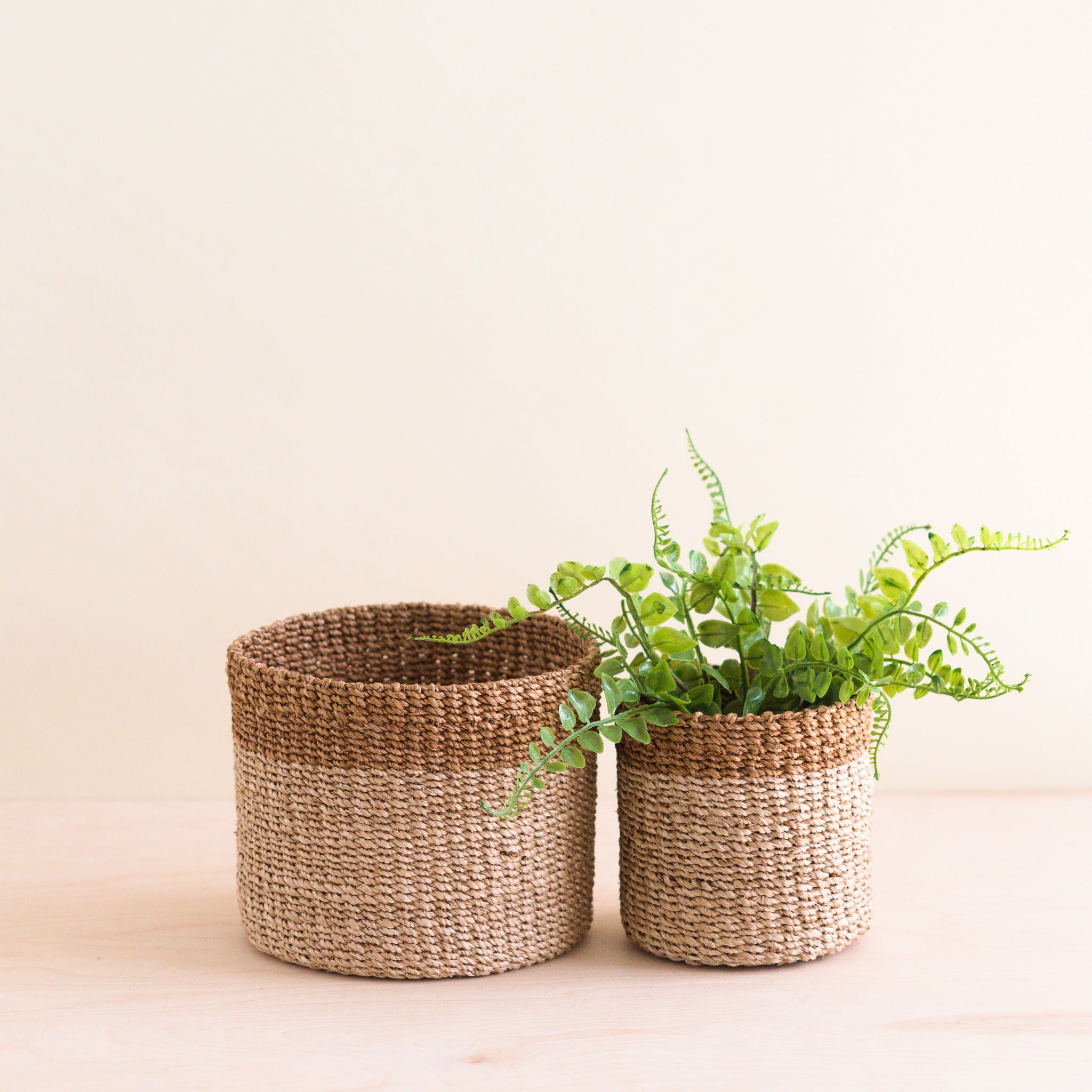 Abaca Cylinder Tabletop Basket, nested set of 2