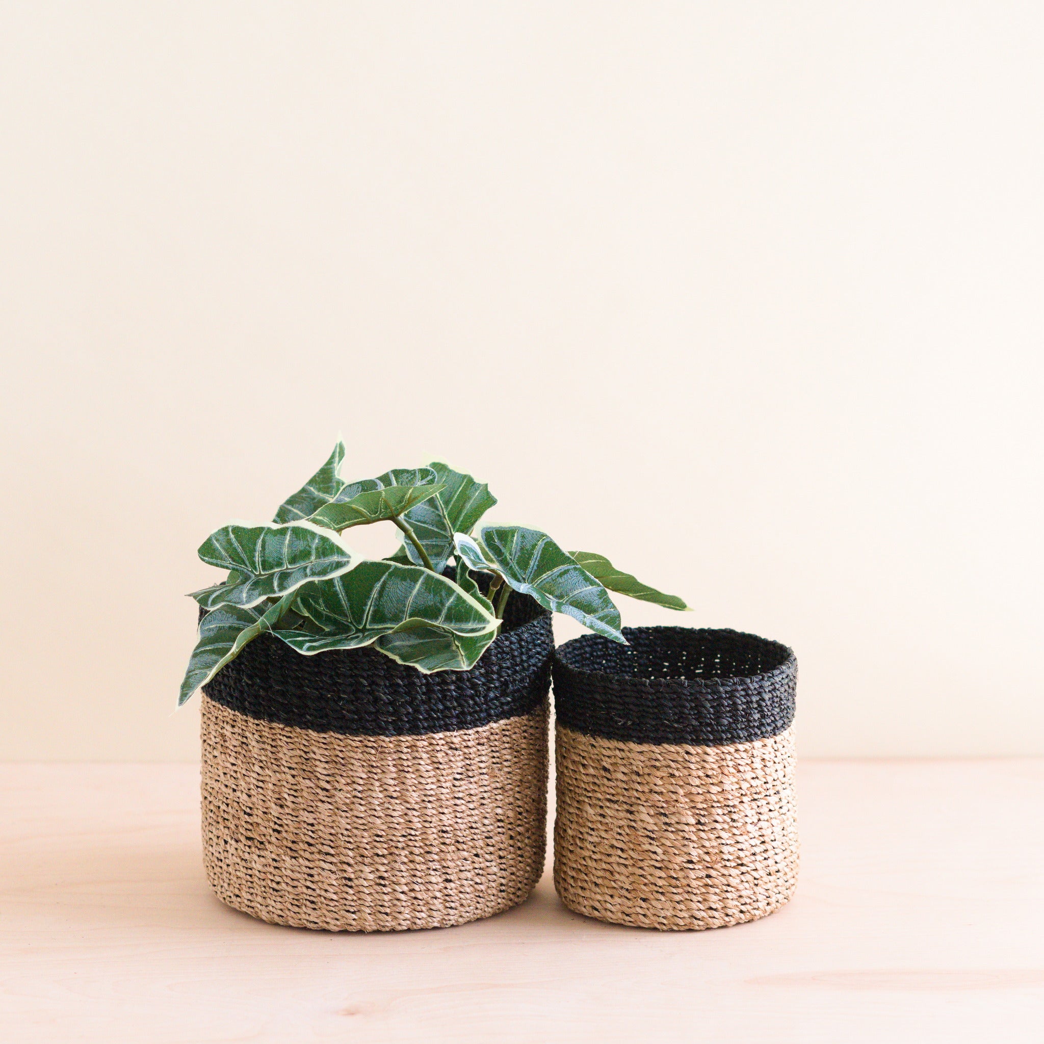 Abaca Cylinder Tabletop Basket, nested set of 2