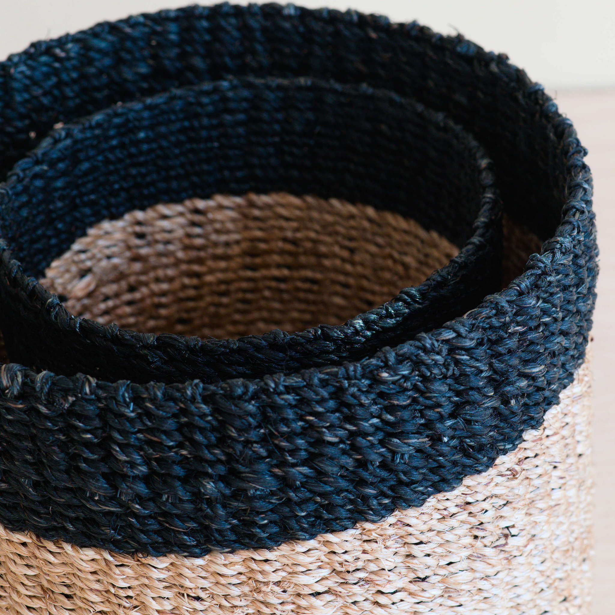 Abaca Cylinder Tabletop Basket, nested set of 2