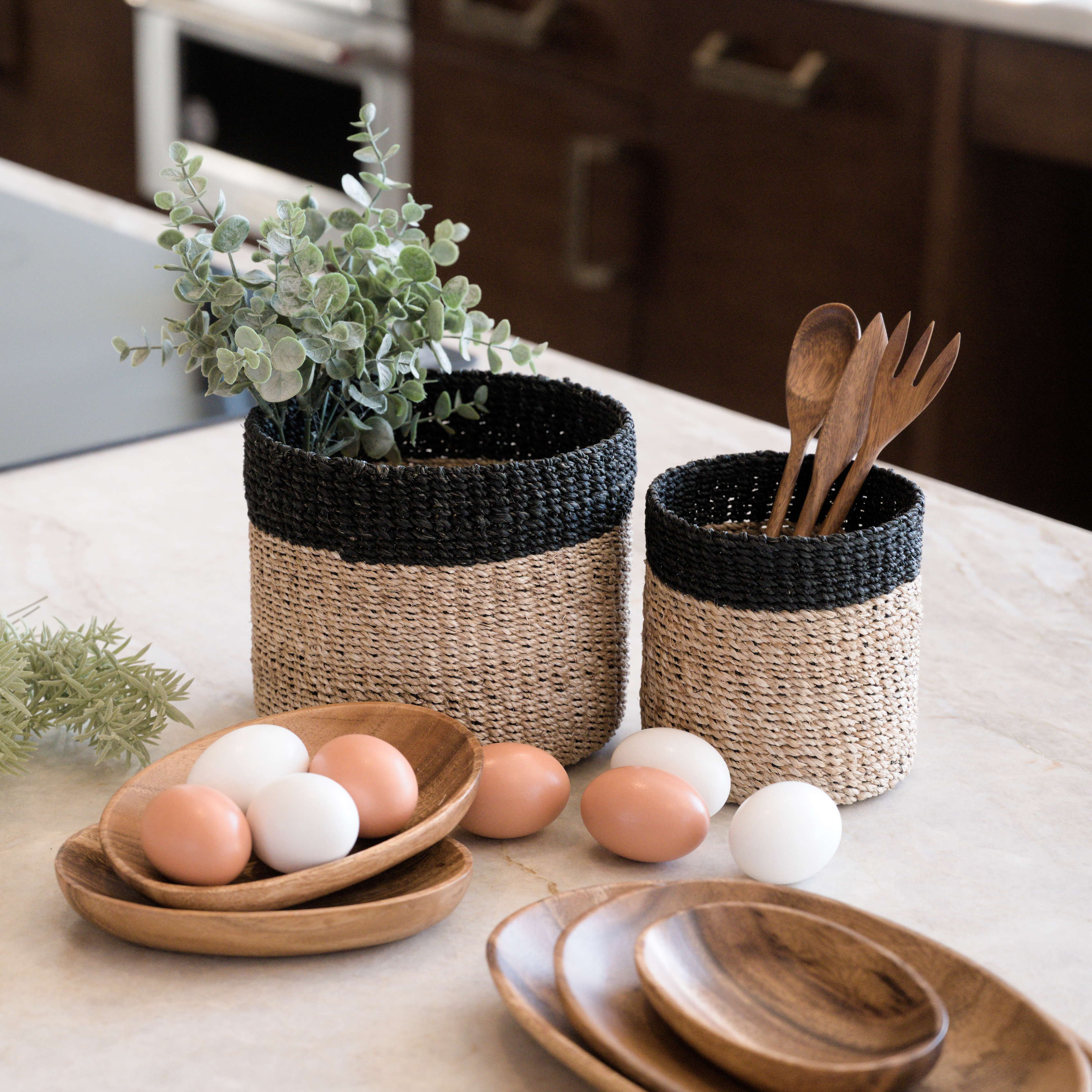 Abaca Cylinder Tabletop Basket, nested set of 2