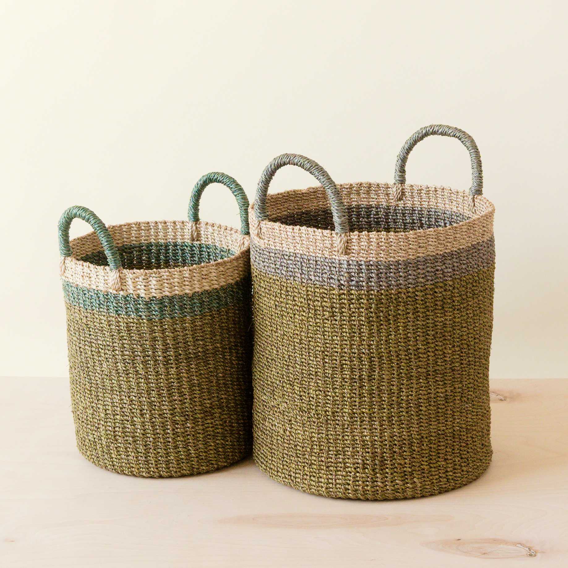 Abaca Cylinder Basket with Handles, Set of 2