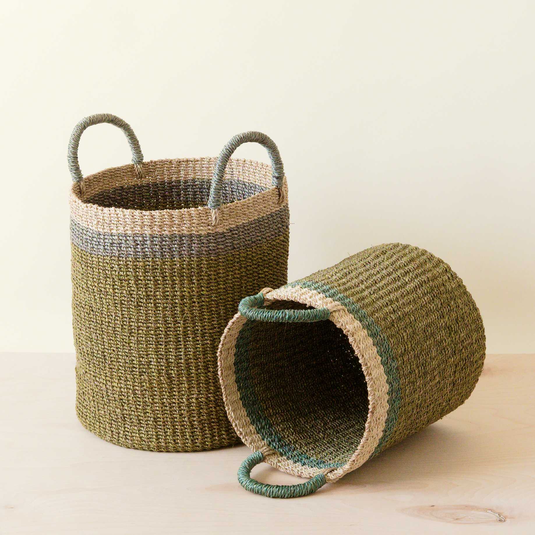 Abaca Cylinder Basket with Handles, Set of 2