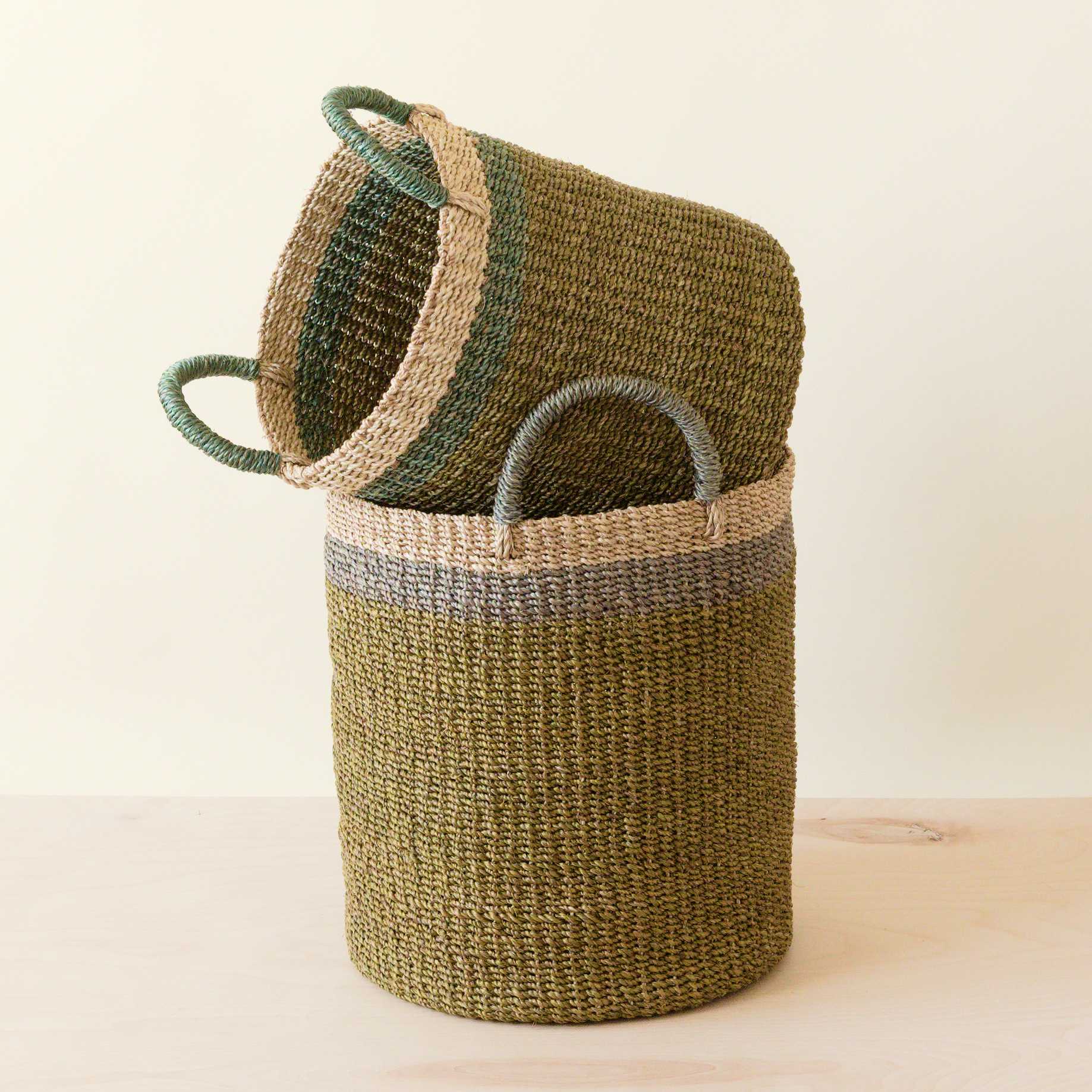 Abaca Cylinder Basket with Handles, Set of 2