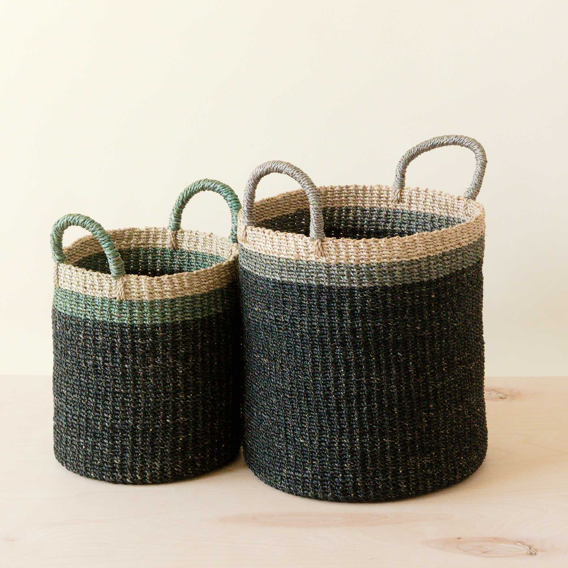 Abaca Cylinder Basket with Handles, Set of 2