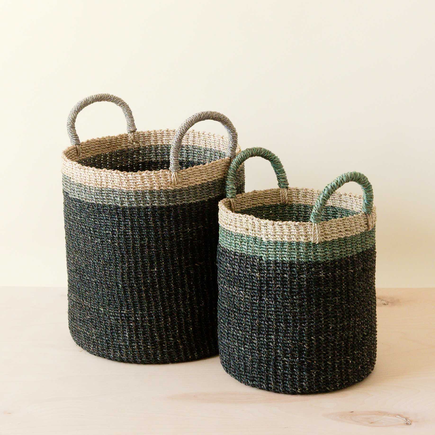 Abaca Cylinder Basket with Handles, Set of 2