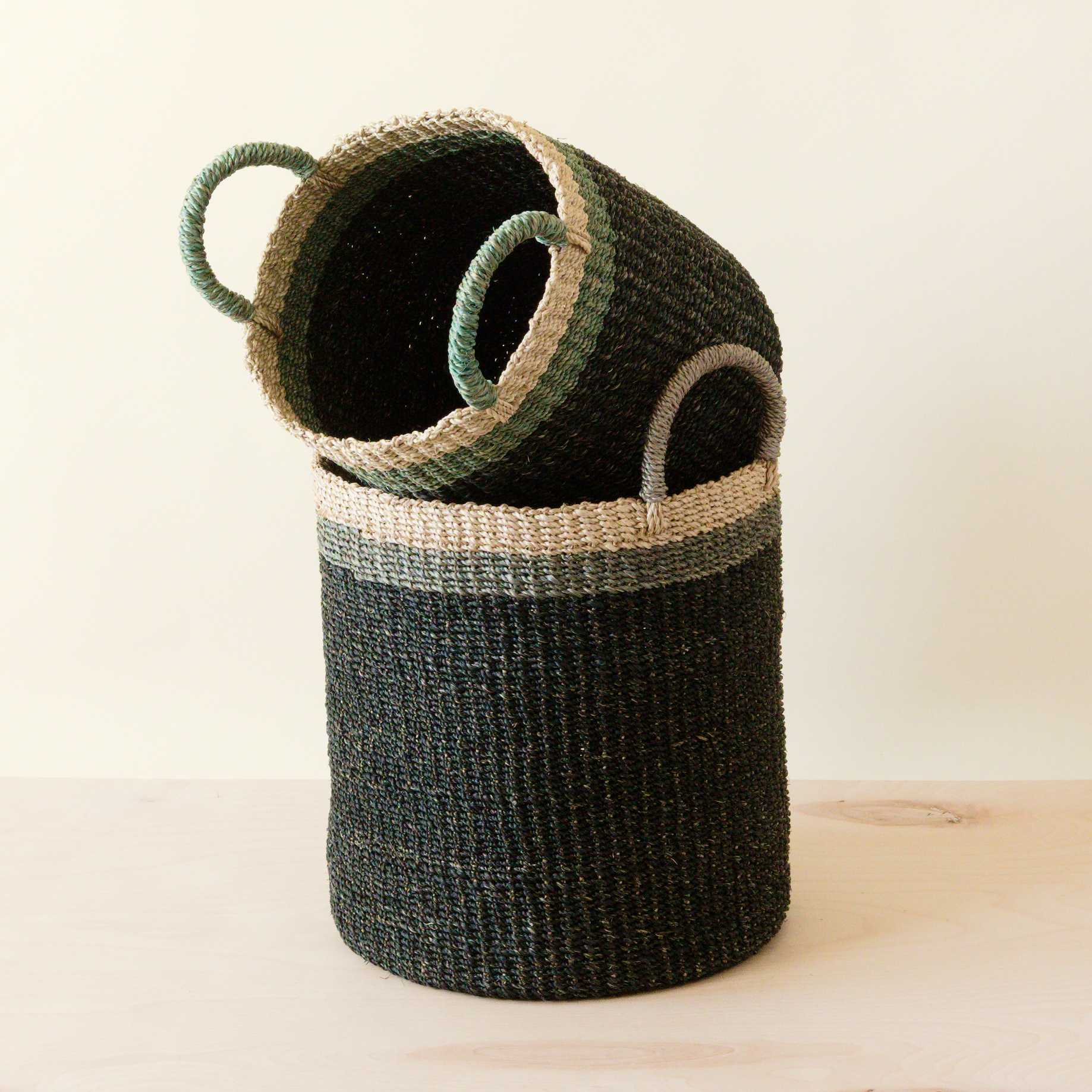 Abaca Cylinder Basket with Handles, Set of 2