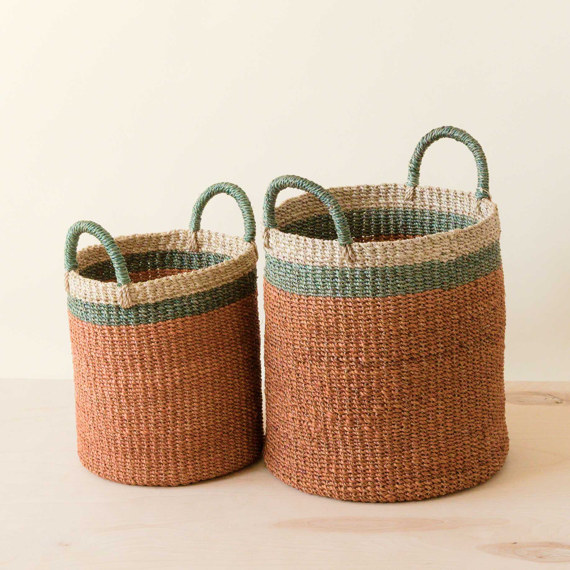 Abaca Cylinder Basket with Handles, Set of 2