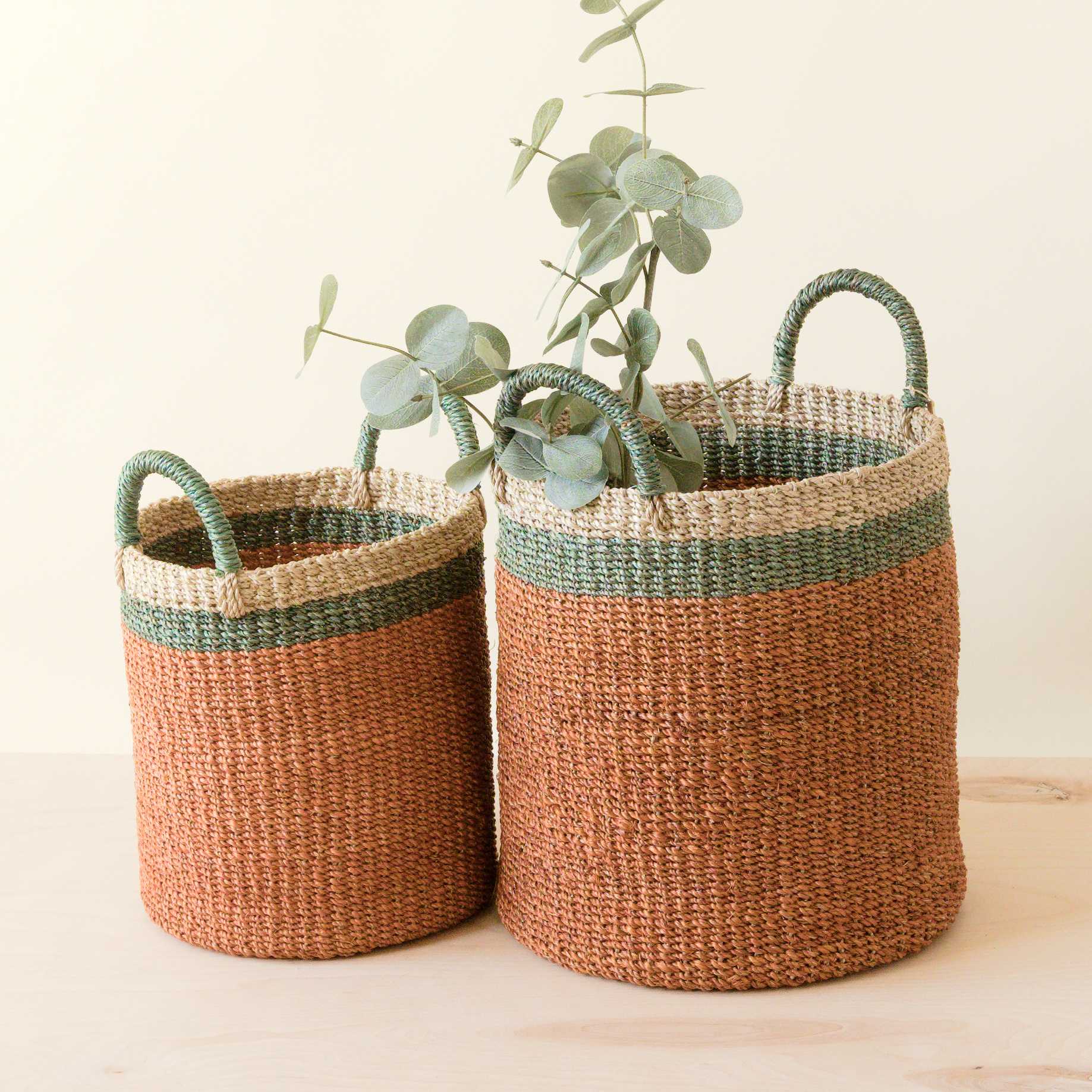 Abaca Cylinder Basket with Handles, Set of 2