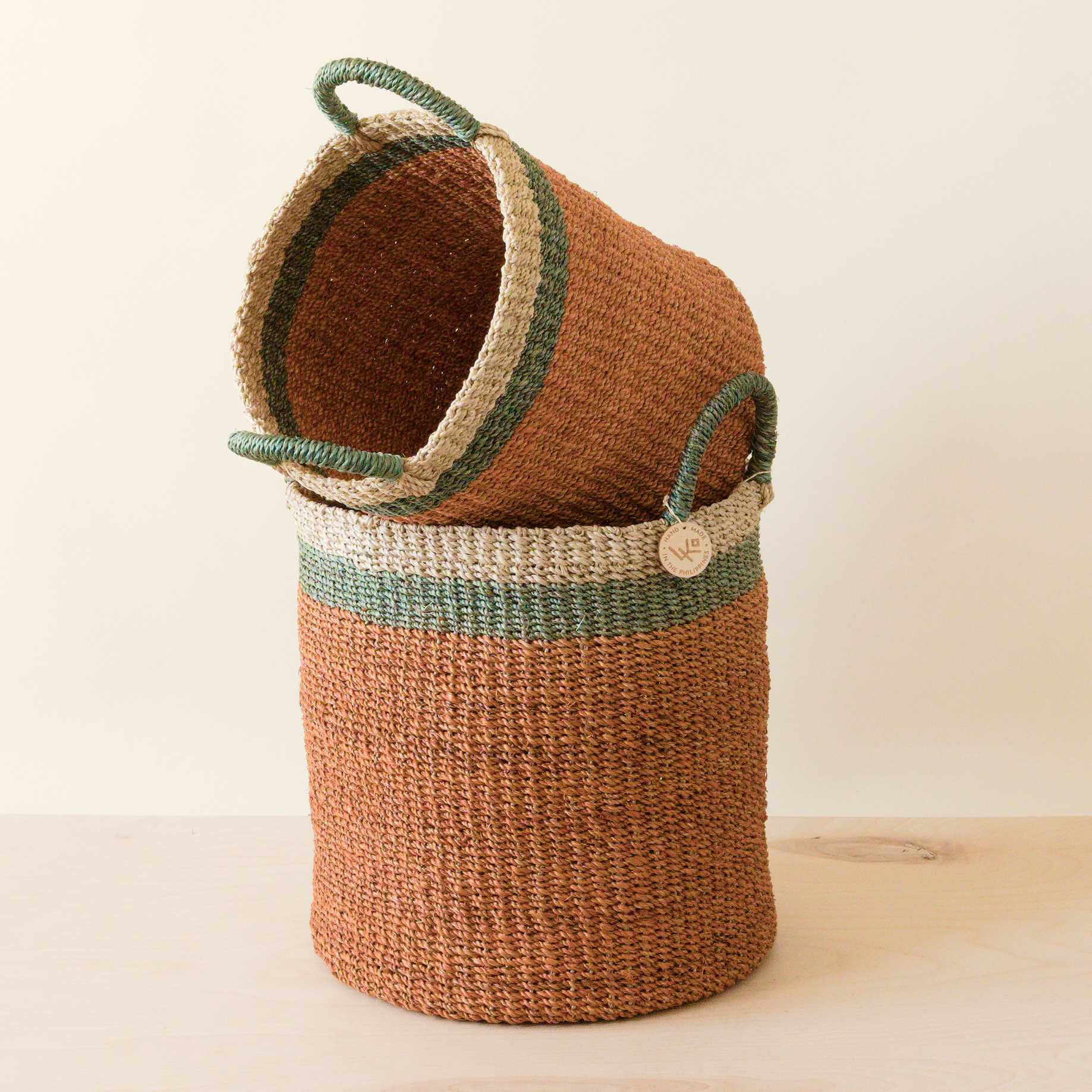 Abaca Cylinder Basket with Handles, Set of 2