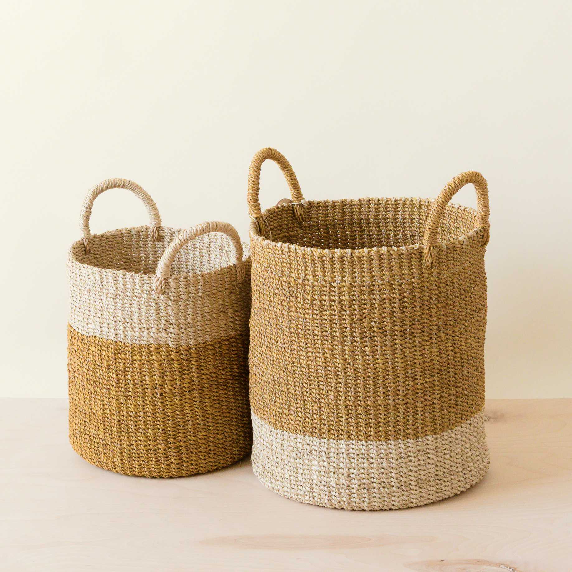 Abaca Cylinder Basket with Handles, Set of 2