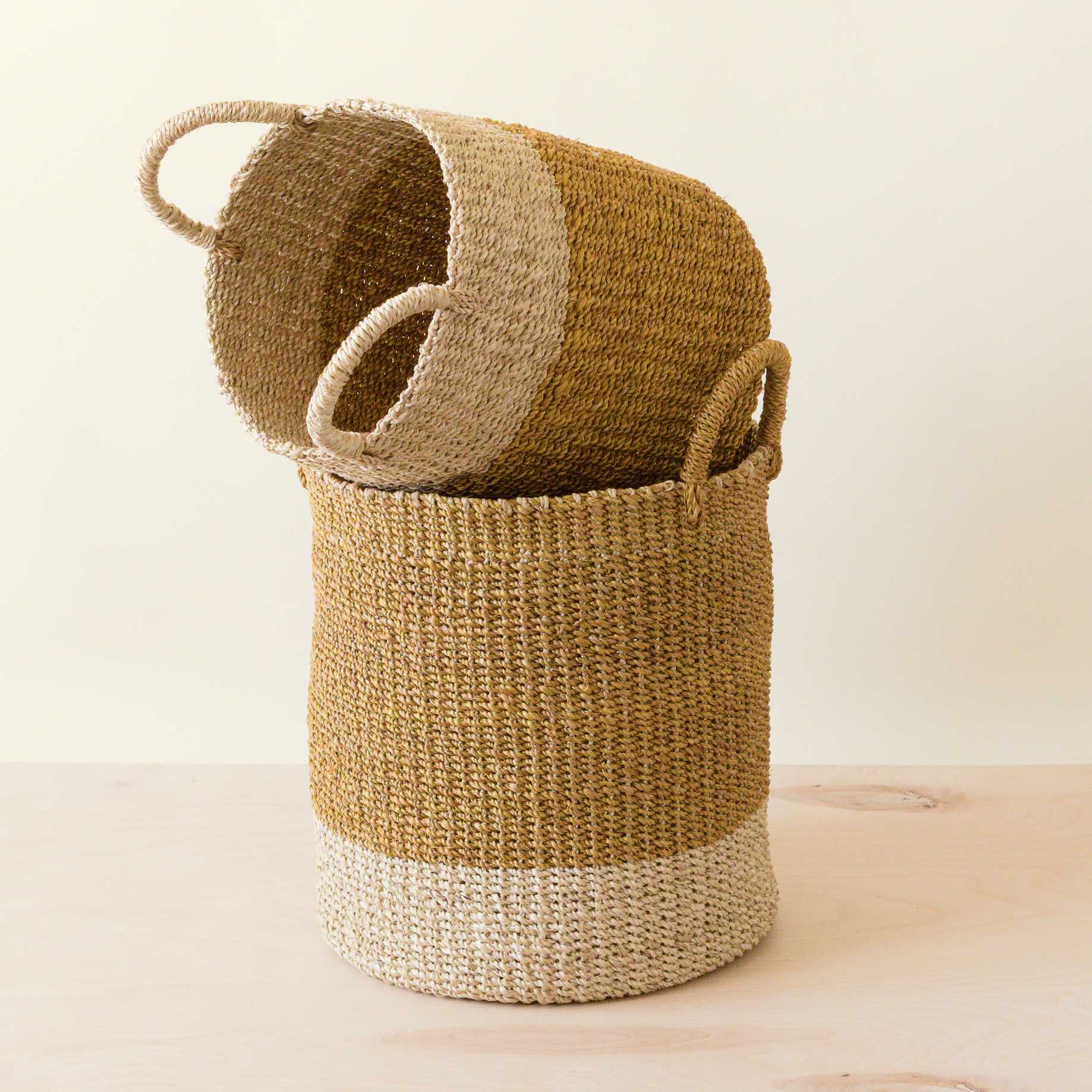 Abaca Cylinder Basket with Handles, Set of 2
