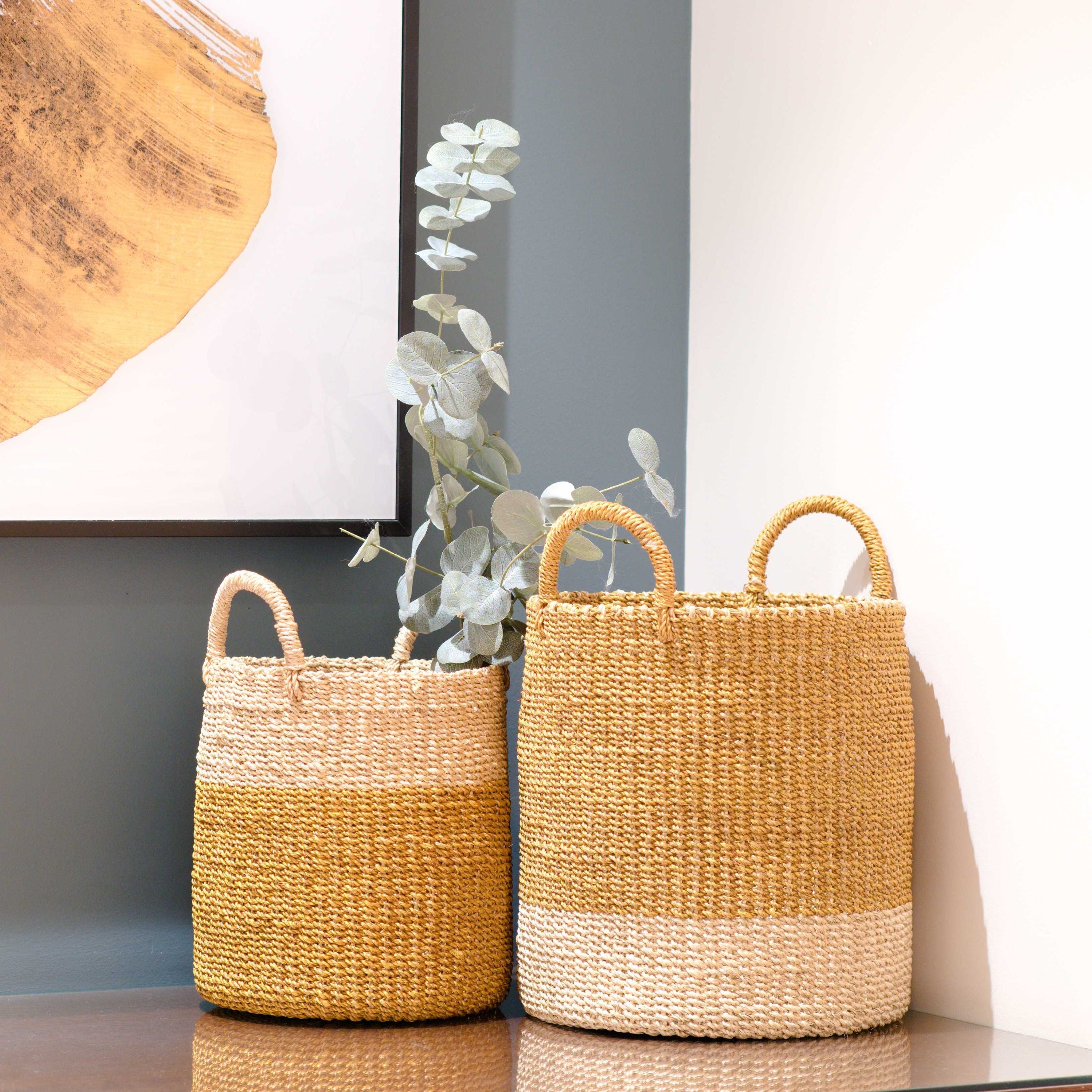 Abaca Cylinder Basket with Handles, Set of 2