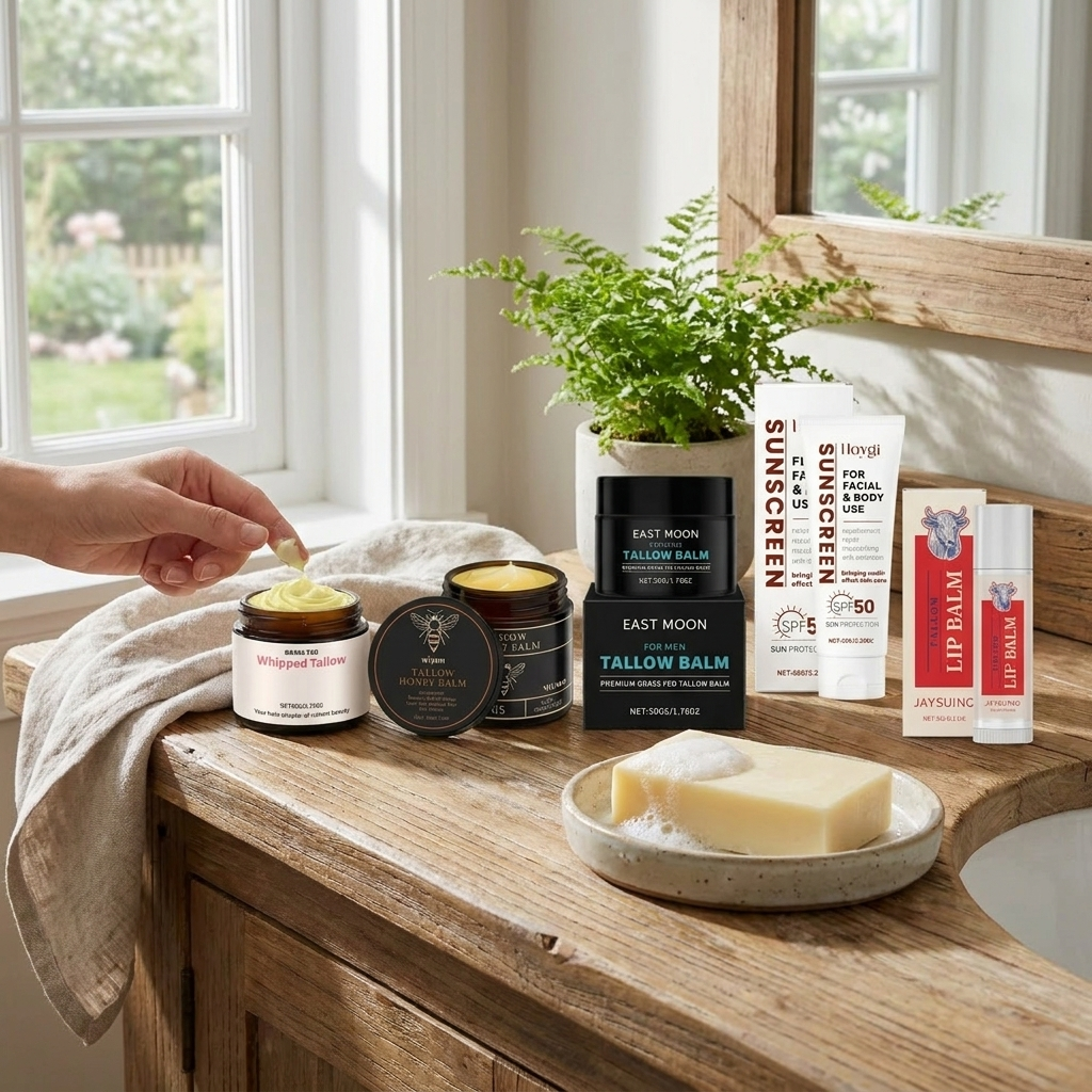 Grass-fed tallow balm centered lifestyle