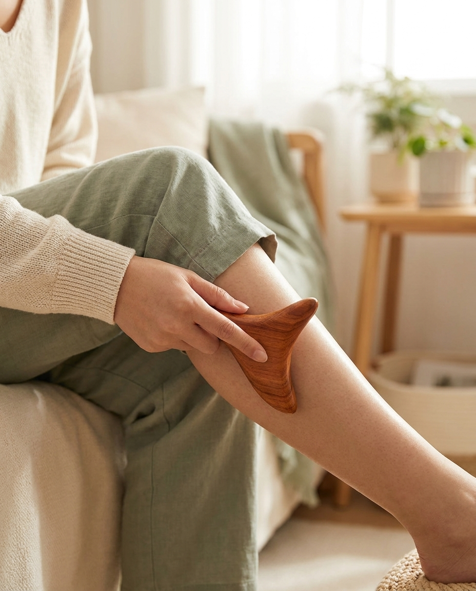 Woman using the Bon Health triangle wood sculptor on her leg