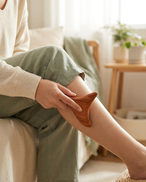 Woman using the Bon Health triangle wood sculptor on her leg